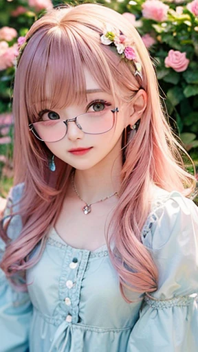 幼いgirl、small face、 (alone:1.5,)Super detailed,明るいcolor, very beautiful detailed anime face and eyes, look straight, shiny_skin,girl, (((虹colorの髪,, 半分は白colorの髪、half pink hair: 1.2))), 、shiny hair, delicate beautiful face, blush、Glasses、(turquoise eyes), , Valletta, earrings,、lolita dress、flower garden、Sitting among flowers、smile、happy face、face dyed red、color々pose、Head to toe full body portrait、(I can see the whole body)