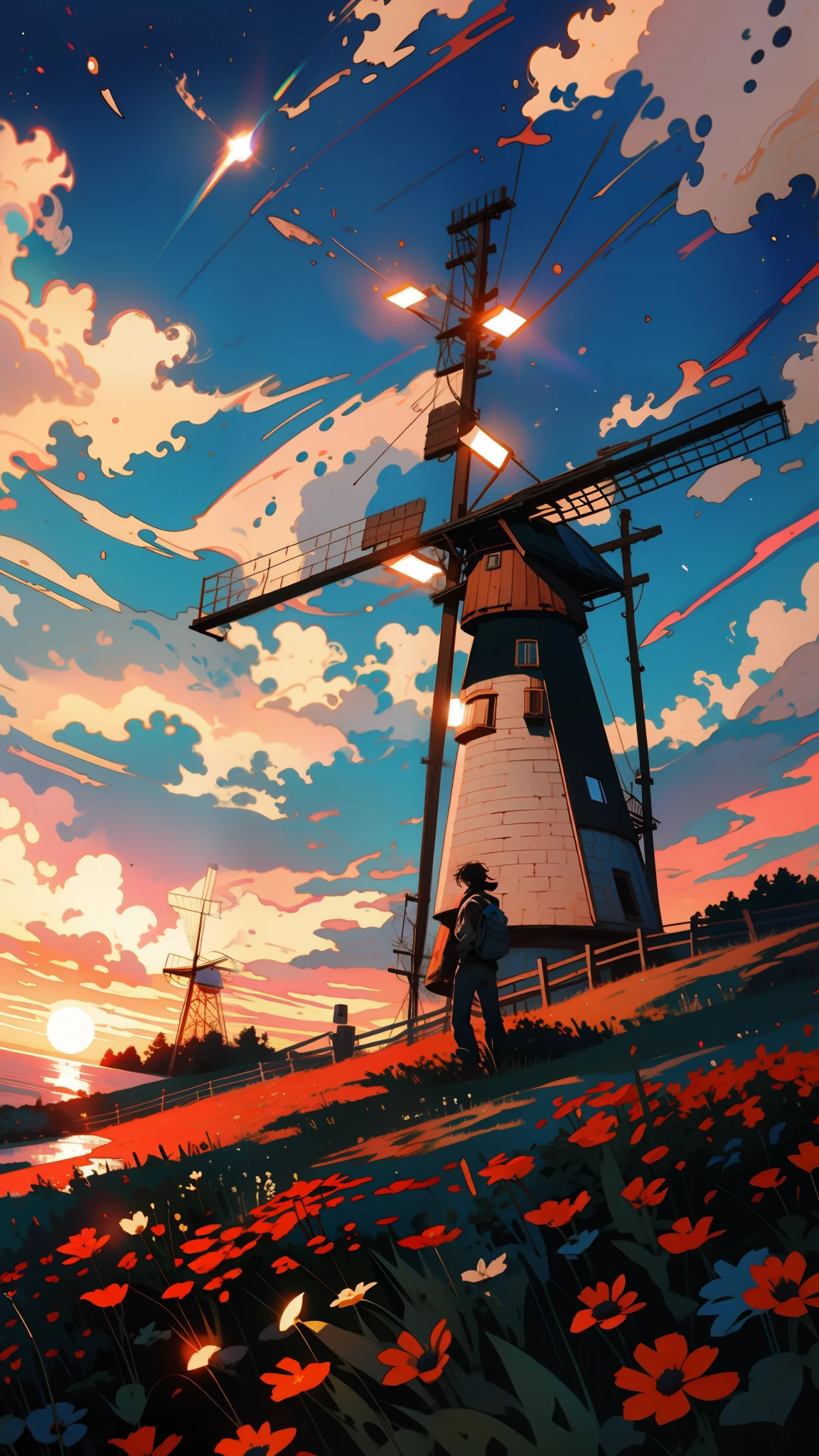 a young man leans against a wooden fence, observing the tranquil scene of a wind mill nestled within a field of colorful flowers, sunset, starry sky, magic spell, galaxy, black hole, abasterpiece)), ((best quality)), ultra detailed,((illustration)), dynamic angle, detailed light, (delicate eyes), (ahoge:0.8),apathy, ray,frontage,style of anime4 k, 4k anime wallpaper, badass anime 8 k, 4 k comic wallpaper