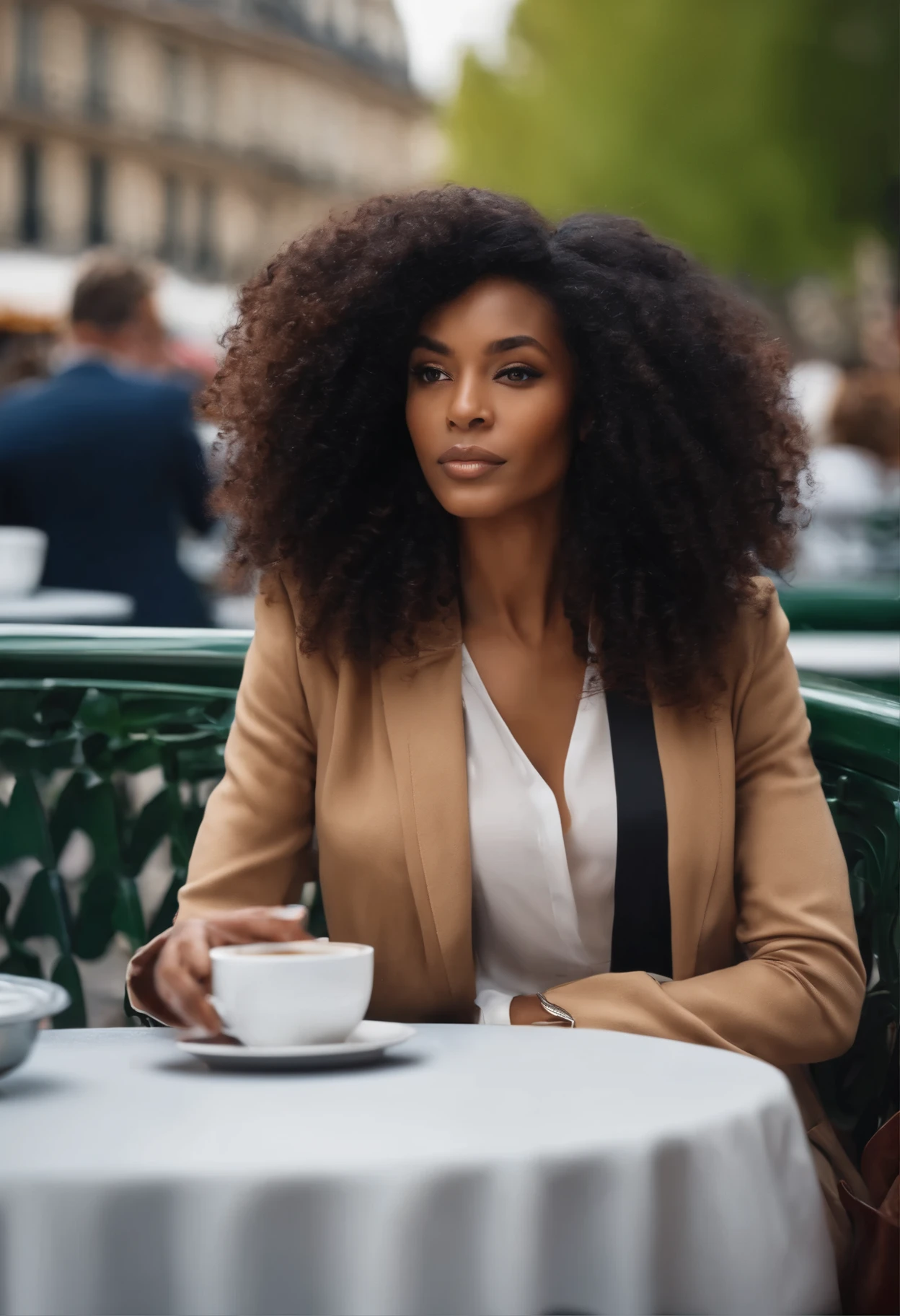 Black woman, long curly hair , young, executive, having a cup of coffee at a table, in Paris square