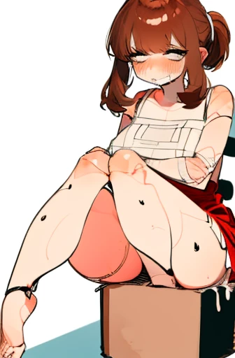 A Female robot is sleeping in bedroom, spread legs, nude, banzai pose. she wears no dress. She Brown short hair is tied with two big red clothespins, She lifts up the under hem of her white plain dress, leaning over, masterpiece, very short pigtails,brown hair, mature, android, blue eyes, full body figure, Height: 160cm, flushed cheeks, 2020s anime picture, A beautiful robot with short brown hair in two short pigtails held up by two very large huge red clothespins, Uplifting, No NSFW, whole body, barefoot, archaic smile, getting orgasm, 25 years old, sweat bucket. 