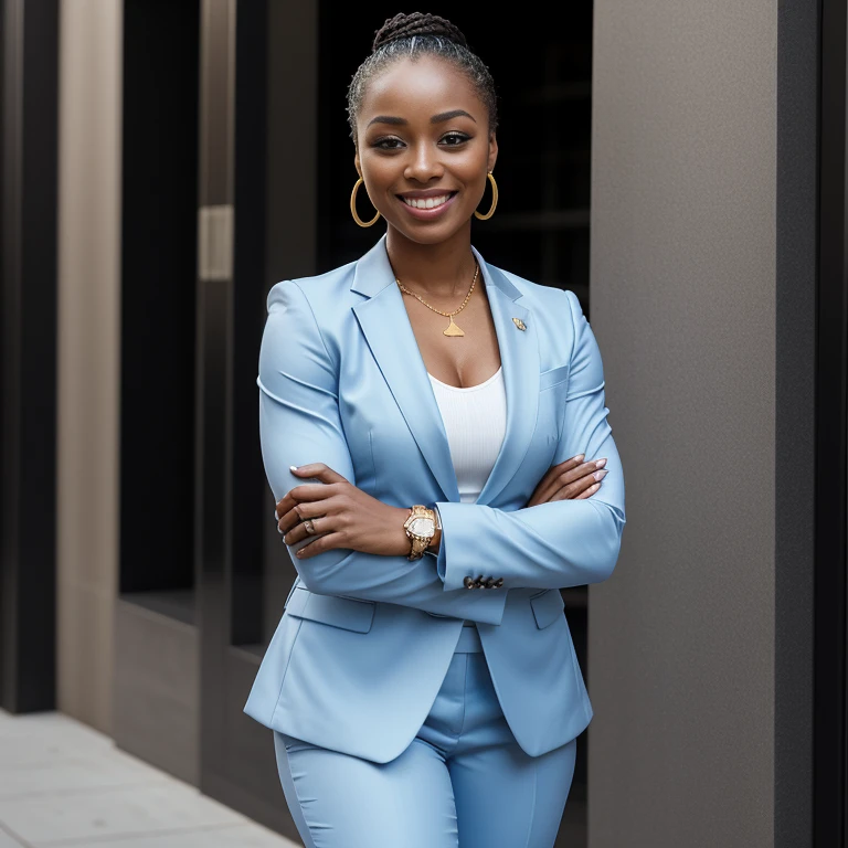 Beautiful African American mix Melanesian woman, (26 years old), MMA trainer, (((business attire, very professional business suit for women))), fit body, (muscles:1.2), athletic feminine body, female fitness model body, office elevator, masterpiece, perfect lighting, uhd, 8k, she is an exceptional MMA fighter, hard toned feminine body, long ponytail hair, ((sultry smile at camera:0.4)), ((sultry pose)) smiling woman in white suit and gold hoop earrings walking down a city street, beautiful city black woman only, girl in suit, woman in business suit, girl in a suit, wearing white suit, young business woman, photo of a black woman, wearing futuristic white suit, wearing a business suit, wearing business suit, business woman, outdoors business portrait, wearing a light blue suit