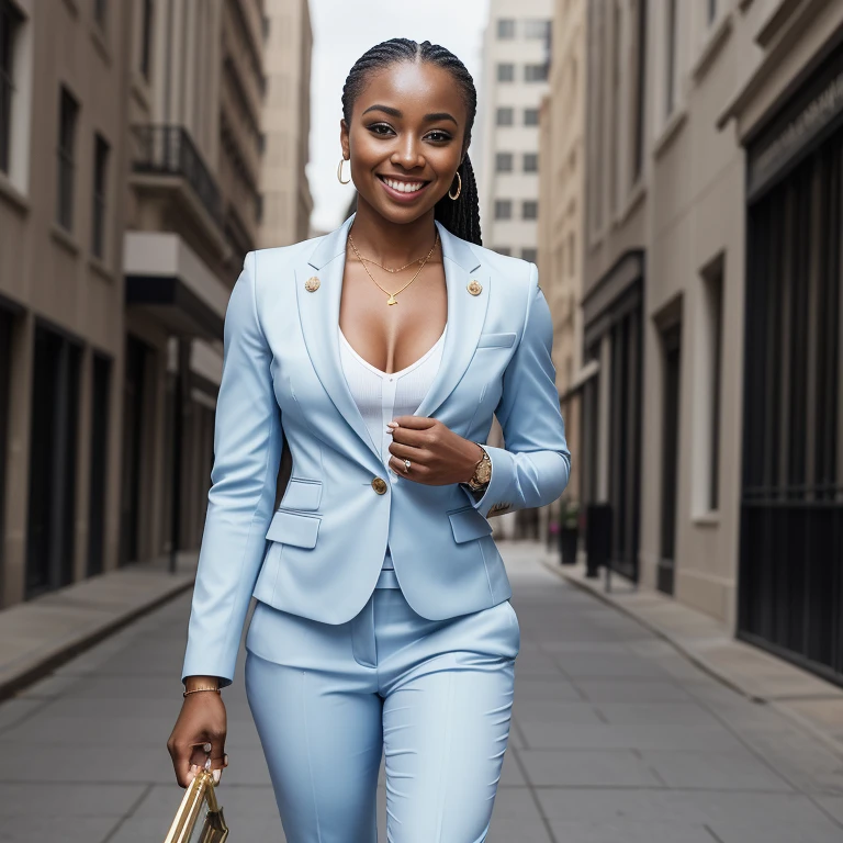 Beautiful African American mix Melanesian woman, (26 years old), MMA trainer, (((business attire, very professional business suit for women))), fit body, (muscles:1.2), athletic feminine body, female fitness model body, office elevator, masterpiece, perfect lighting, uhd, 8k, she is an exceptional MMA fighter, hard toned feminine body, long ponytail hair, ((sultry smile at camera:0.4)), ((sultry pose)) smiling woman in white suit and gold hoop earrings walking down a city street, beautiful city black woman only, girl in suit, woman in business suit, girl in a suit, wearing white suit, young business woman, photo of a black woman, wearing futuristic white suit, wearing a business suit, wearing business suit, business woman, outdoors business portrait, wearing a light blue suit