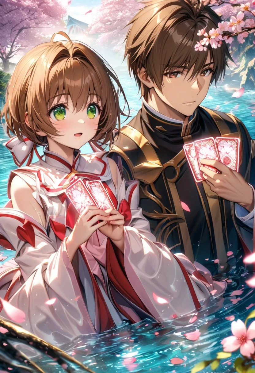 Ultra detailed, Highres, absurdres, HDR, Kinomoto Sakura, brown hair, green eyes, Syaoran Li, brown hair, brown eyes, Sakura card captor, 1 woman with 1 man together as a couple, magic cards, petals, cherry blossoms, water, handsome,