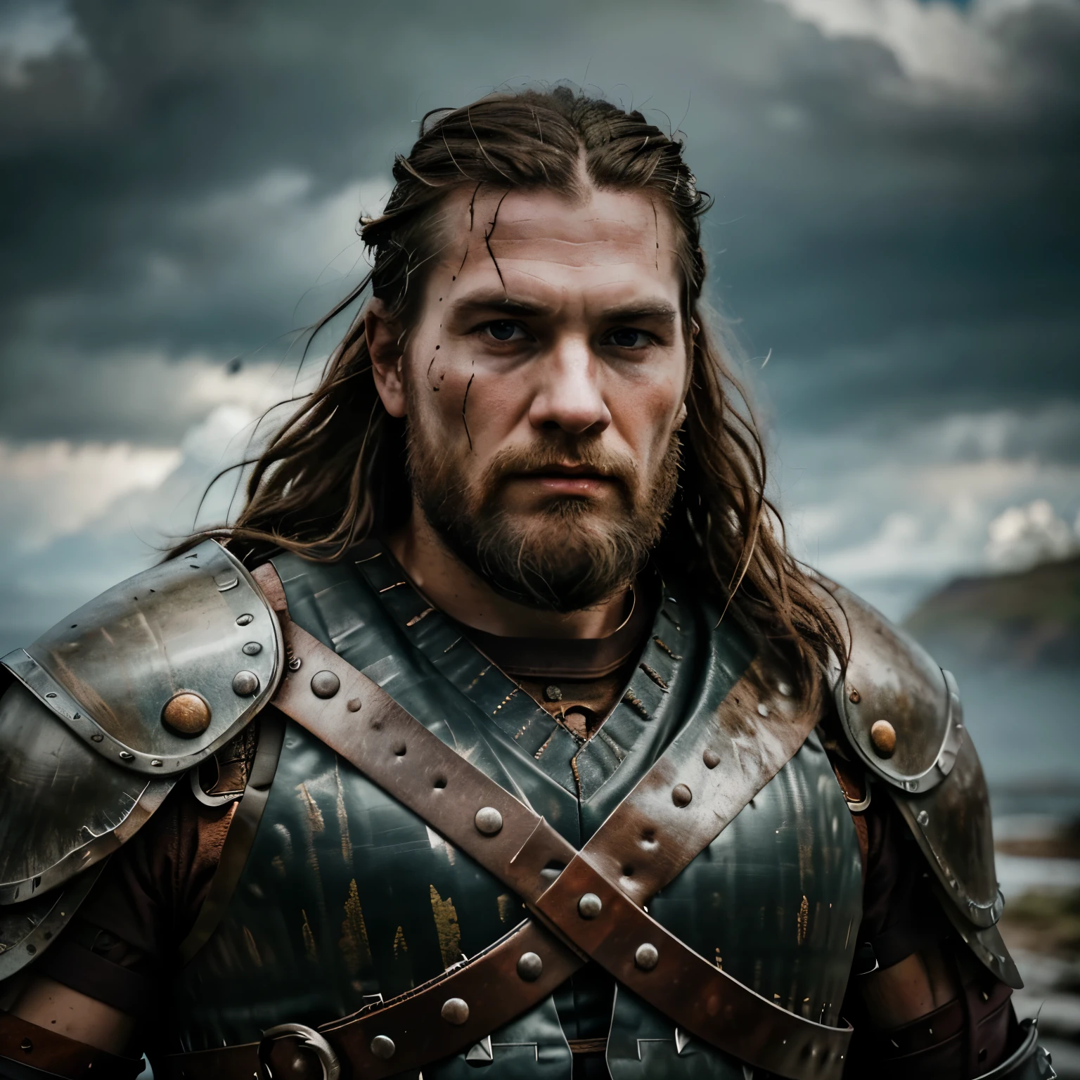Photograph of a Viking warrior with dirt smeared across his rugged face, emphasizing his stoic expression. His broad shoulders are encased in sturdy armor, adding to his heroic stature. A magnificent beard cascades down from his pronounced cheekbones, framing his weathered features. The cloudy backdrop enhances the dramatic ambiance, creating a visual masterpiece that is of the utmost quality. Shot in high resolution and trendsetting 4K, this image showcases the Viking's fierce determination under a hard ring light, capturing every intricate detail.