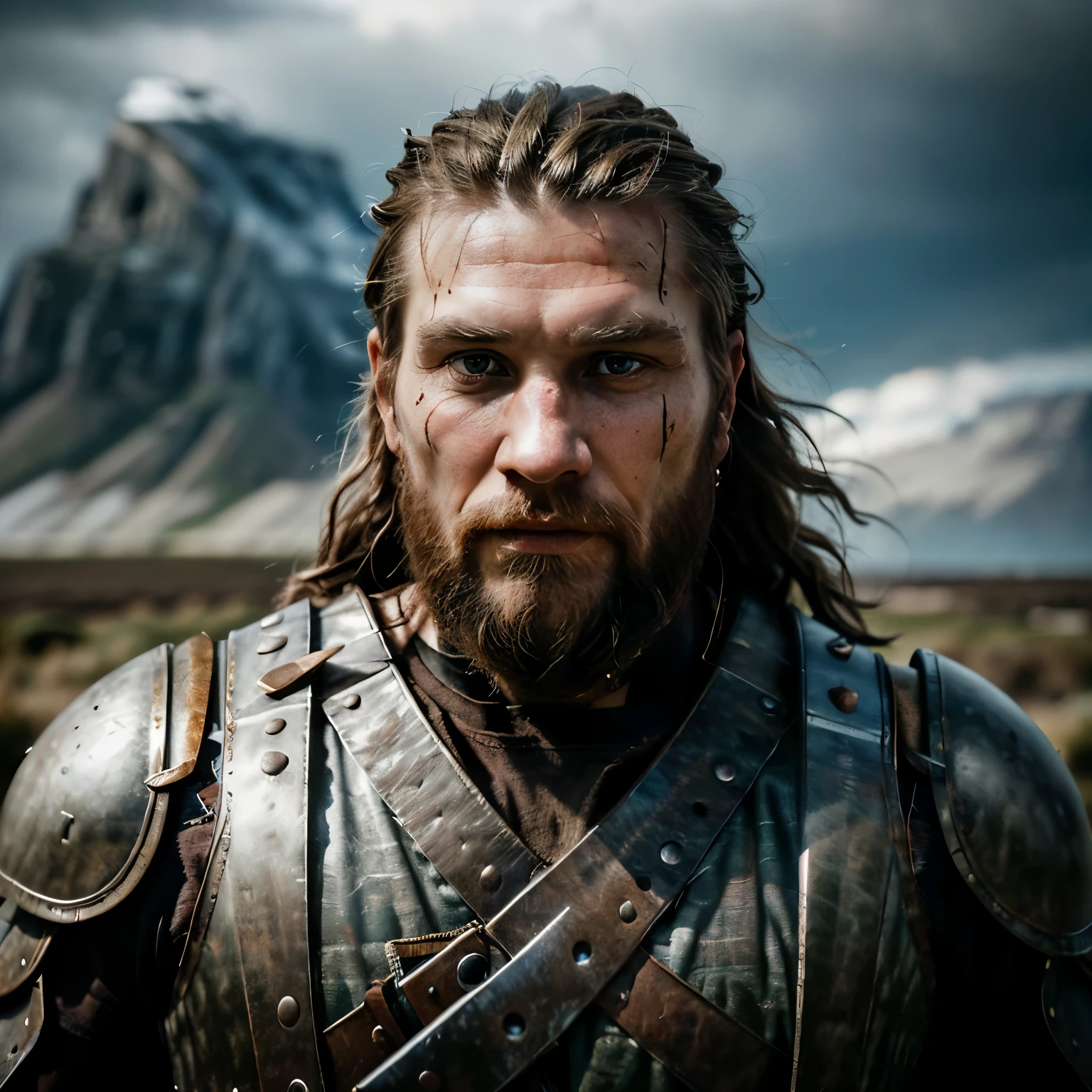 Photograph of a Viking warrior with dirt smeared across his rugged face, emphasizing his stoic expression. His broad shoulders are encased in sturdy armor, adding to his heroic stature. A magnificent beard cascades down from his pronounced cheekbones, framing his weathered features. The cloudy backdrop enhances the dramatic ambiance, creating a visual masterpiece that is of the utmost quality. Shot in high resolution and trendsetting 4K, this image showcases the Viking's fierce determination under a hard ring light, capturing every intricate detail.