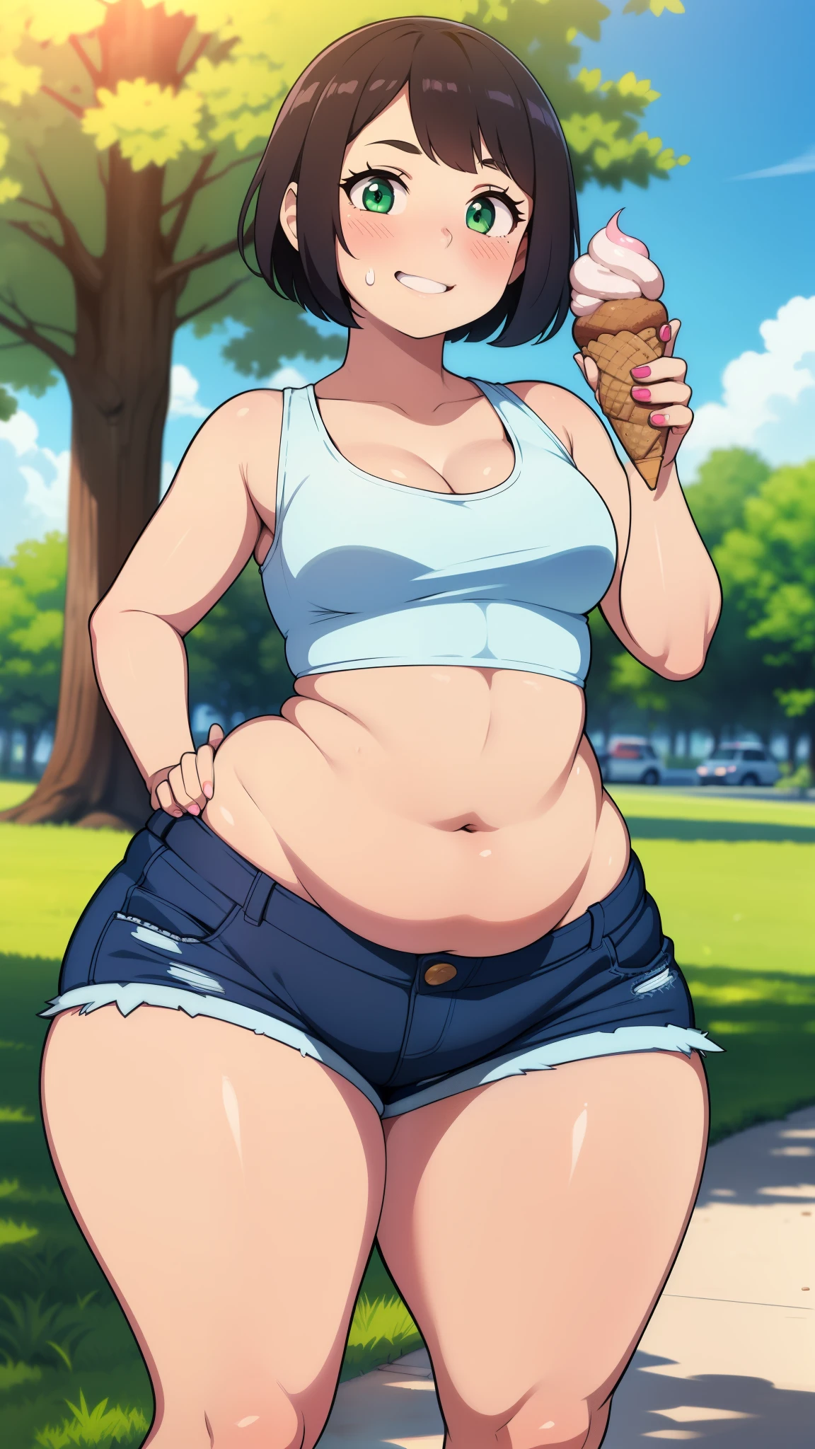 ((highres)), Masterpiece, high quality, best quality, beautiful, perfect lighting, detailed face, ultra cute face, ((1girl)), ((solo), short fluffy brown hair, green eyes, ((blush)), sweet smile, looking at viewer, holding ice cream, standing in a park, (park), daytime, crop top, shorts, ((thick thighs)), wide hips, cleavage, (small breasts), pudgy, 20 year old female,