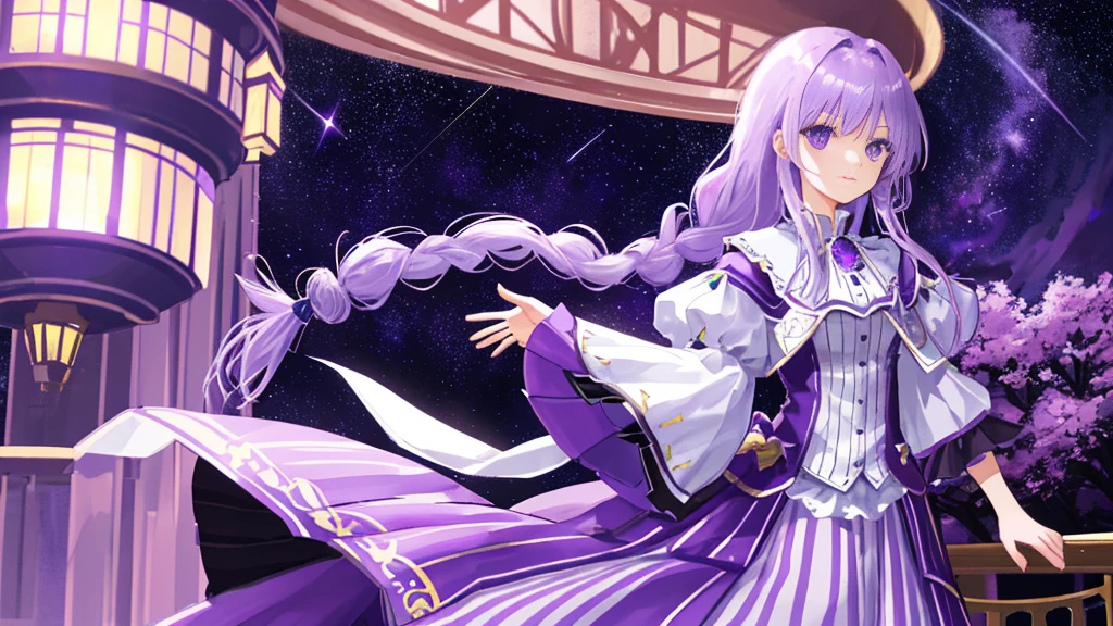 beutiful girl, light purple hair, hair braid, royal purple clothes with stars, 8k resolution, night moonlight, galaxy