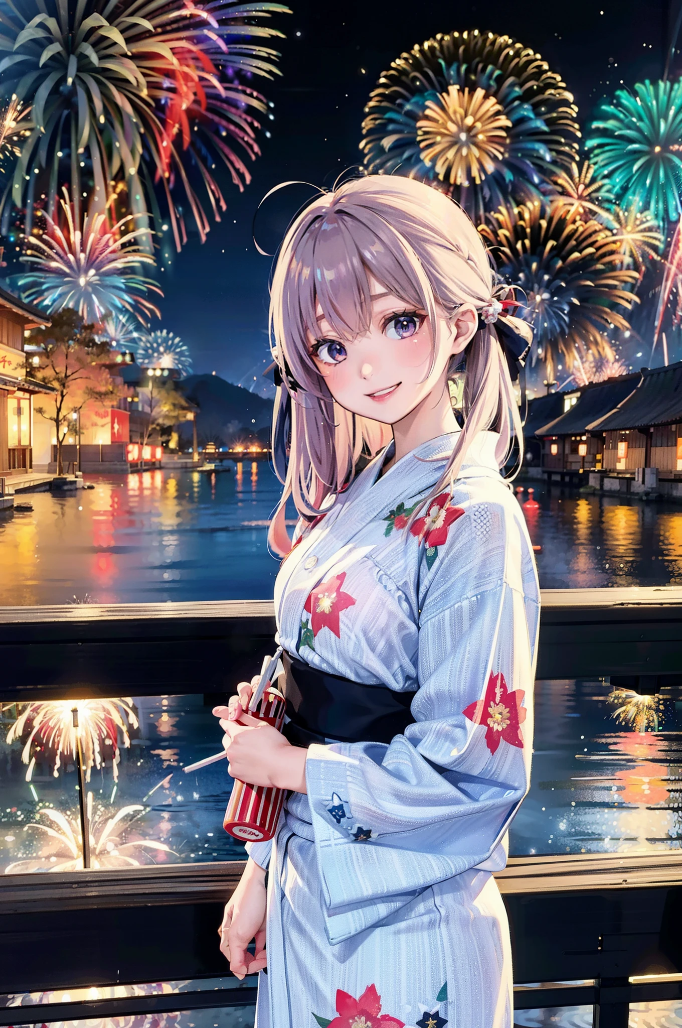 8K, night, shooting star, cloud, Floral yukata, yukata, 25 years old, ライトブルーのlong hair、twin tails、bright colors, (firework: 1.4), (new year: 1.1), (festival: 1.1), (sharp focus: 1.2), (long hair: 1.2), (smile: 1.1), (teeth: 1.1), bridge, Overlooking the lake, (water reflection: 1.2), Sparkling, suspended particles, Colorful particles, Lots of firework