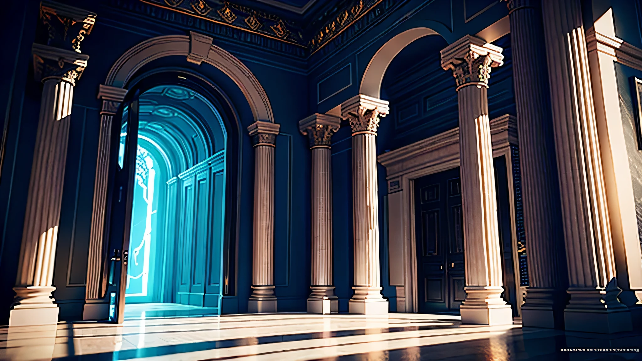 there is a picture of a building with columns and a blue door, detailed lighting and thunder, dramatic lighting. concept art, fantasy atmospheric lighting, the entrance of valhalla, a mystical temple, dramatic entry, atmospheric establishing shot, gothic epic library concept, exterior of scifi temple, mysterious temple setting, dramatic concept art, photorealistic dark concept art, dramatic lighting render