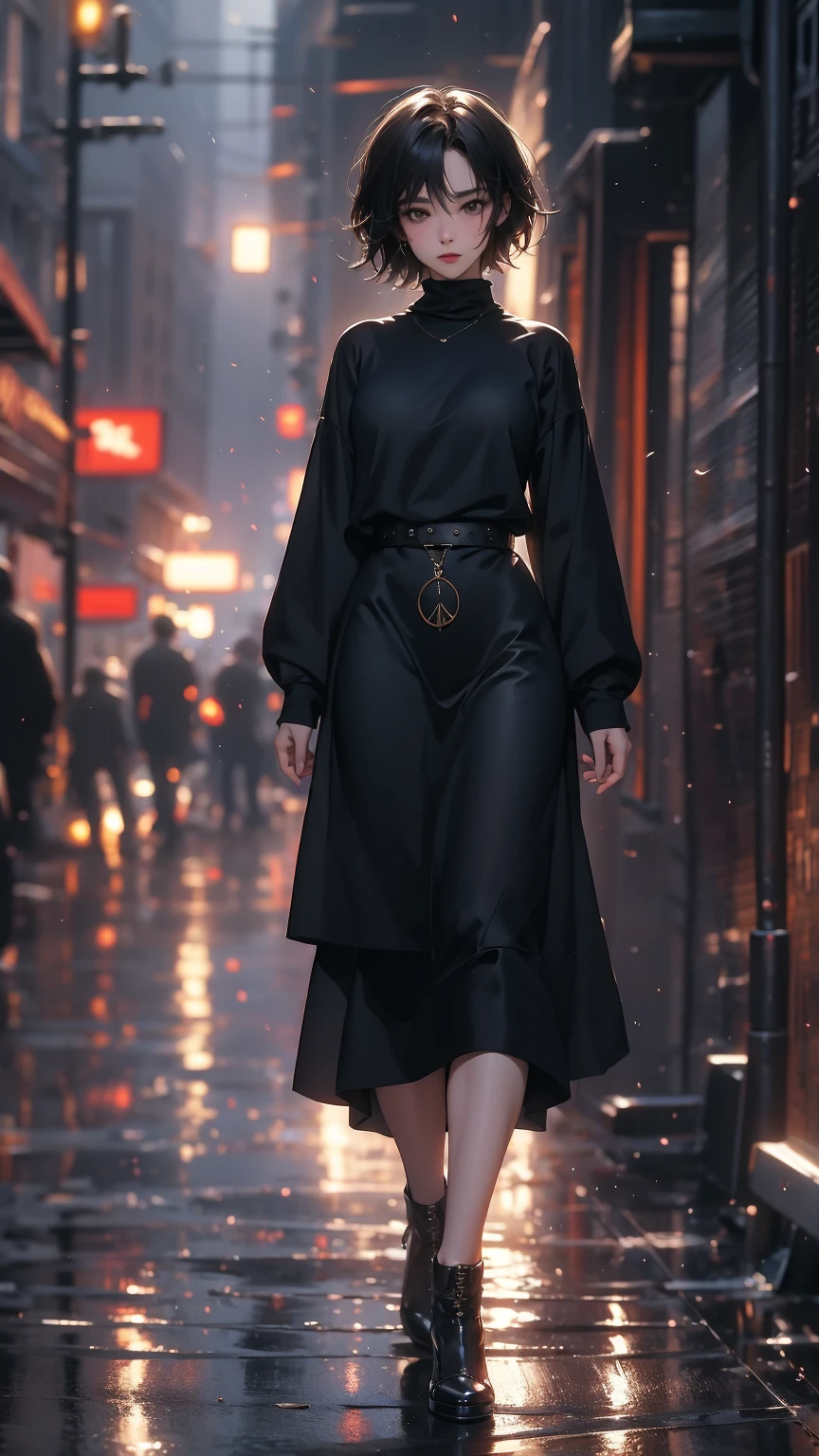 (Highly detailed CG unit 8k wallpaper, masterpiece, High resolution, highest quality, highest qualityのリアルテクスチャスキン), fashion pose:1.4, A cool NY fashion girl influenced by nostalgic and inorganic mode fashion., Asymmetrical short hair, detailed costume, fine embroidery, Layered maxi skirt and crew neck pullover sweater combination:1.3, ((blurred background, An empty alley in New York)), hyper realistic, digital painting, concept art,