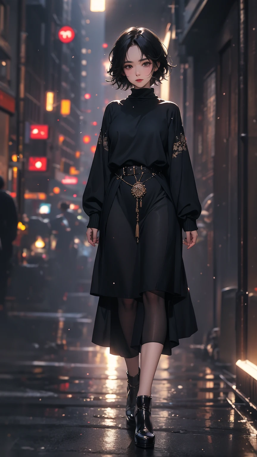 (Highly detailed CG unit 8k wallpaper, masterpiece, High resolution, highest quality, highest qualityのリアルテクスチャスキン), fashion pose:1.4, A cool NY fashion girl influenced by nostalgic and inorganic mode fashion., Asymmetrical short hair, detailed costume, fine embroidery, Layered maxi skirt and crew neck pullover sweater combination:1.3, ((blurred background, An empty alley in New York)), hyper realistic, digital painting, concept art,