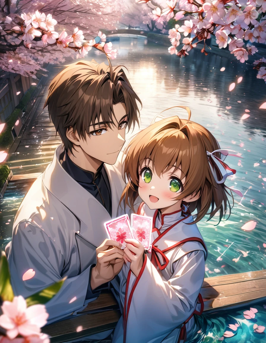 Ultra detailed, Highres, absurdres, HDR, Kinomoto Sakura, brown hair, green eyes, Syaoran Li, brown hair, brown eyes, Sakura card captor, 1 woman with 1 man together as a couple, magic cards, petals, cherry blossoms, water, handsome,