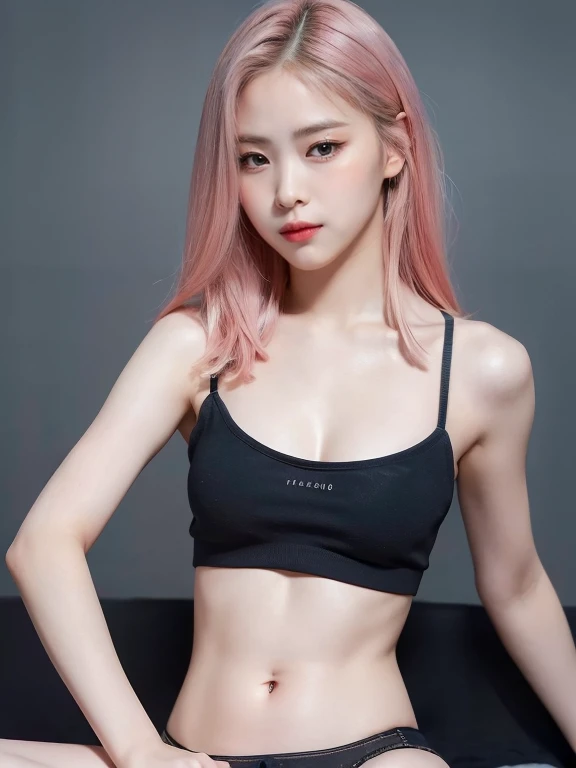 highest quality, masterpiece, ultra high resolution, (realistic:1.5), Raw photo, 1 girl aged 16,simple gray background、in the dark, deep shadow, cold light, sexy look, pink hair,(((Tube top came off、valley、beautiful navel, spread your legs、small breasts)))