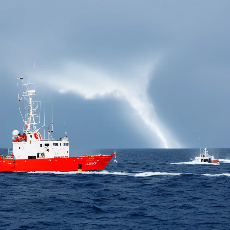 realistic, 8K at sea a trawler in rough sea Popeye and olive stormy, gales, windy at night thunder flashes