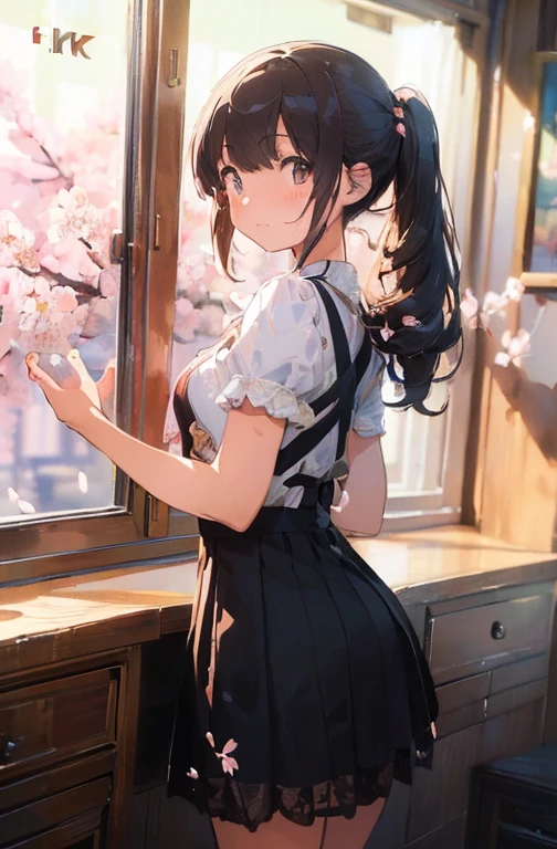 (masterpiece:1.8),(highest quality:1.8),(Super detailed:1.8),(8K:1.8),(Ultra-fine illustration:1.5),cute beautiful girl,skinny,small ass,Up Twin Tail,flat chest,small breasts,,long skirt,lace stockings,(Embarrassed, hands on face),(antique furniture)).angle from behind,(Outside the window, the cherry blossoms are in full bloom)
