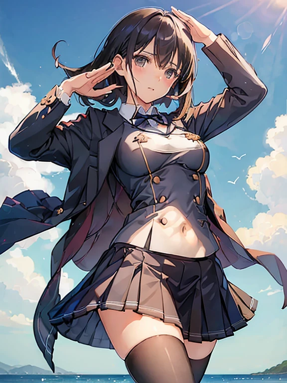 (((uniform))),((((((double breasted skirt suit)))))) mini skirt, have, Thighhighs, the skirt is fluttering in the wind,The wind is blowing her skirt wide. blush,blue sky, on the boat,Happy,in the heat,from below,Salute with your right hand,Left hand along the body