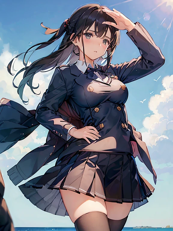 8K, flipping the skirt, white underwear, top quality, masterpiece, super detailed, super high resolution, girl, uniform, braided hair, make up, navy pleated skirt, strong wind, downtown