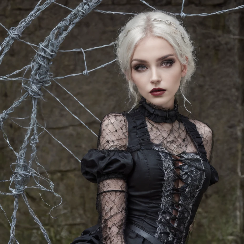 Girl with gothic net symbolic clothes, 。.com (Barbed wire of the body) brunette color hair, cascading tight platinum blonde curls highlighted with cobalt, sitting bored, uhd, lace corset, posing, straddling a gravestone