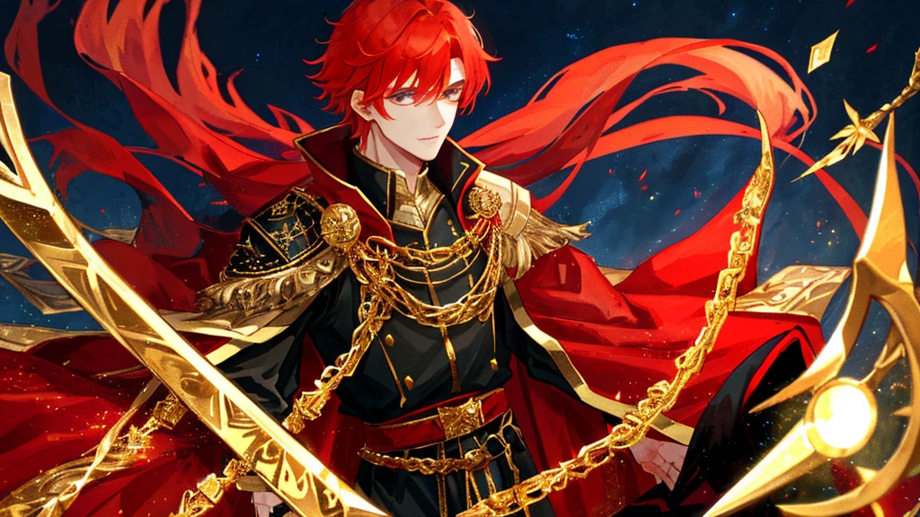 handsome boy, red hair, gold leaf crown, black royal clothes, crescent-shaped blade, night sky, 8k resolution