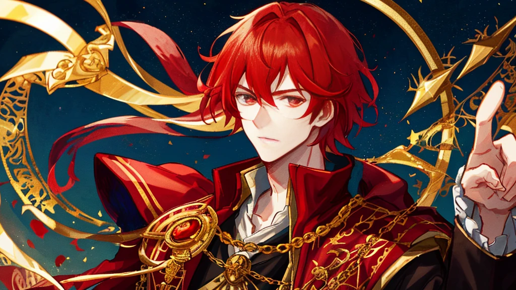 handsome boy, red hair, gold leaf crown, black  royal clothes, crescent-shaped blade, night sky, 8k resolution 