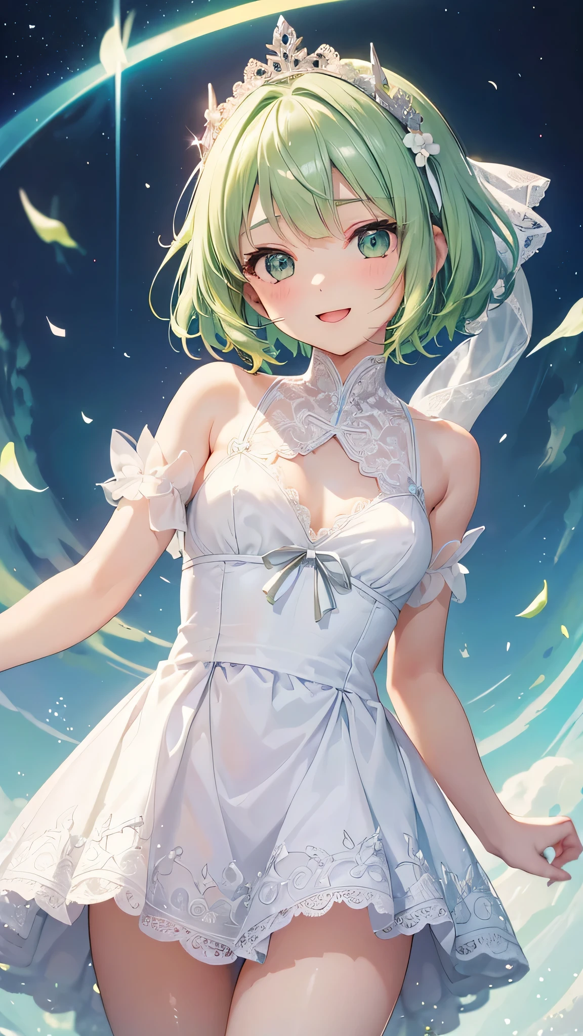 very cute girl、(())、Light green hair、short long hair、(Bangs longer than shoulders)、(Beautiful, vibrant and gorgeous dress)、white lace panties、I can see your panties、Silver tiara on head、smile、open your mouth、Skirt swaying in the wind
