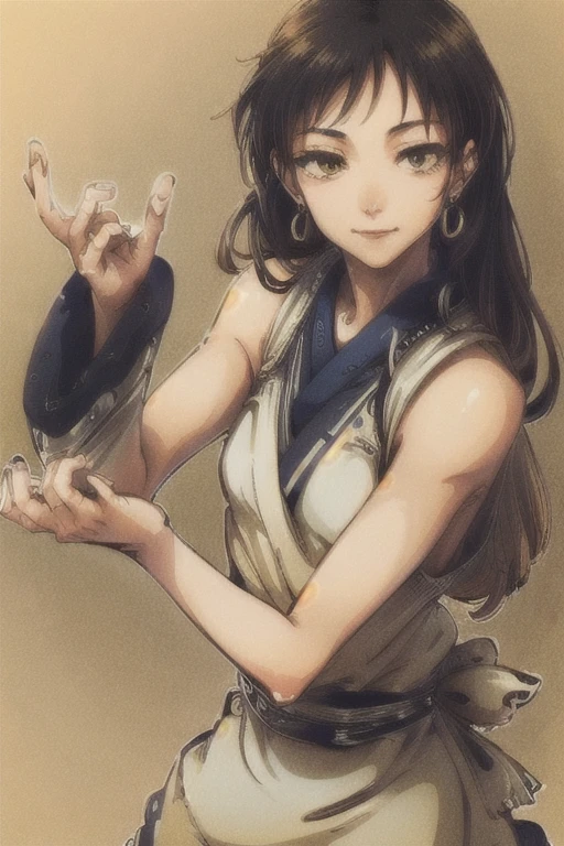 ((best quality)), ((masterpiece)), (detailed), perfect face, full body,fighting_stance, cursed energy. looking at viewer,smile,nudef, brown hair, brown eyes, long hair, looking at viewer, solo, upper body, closed mouth, small breasts, kimono
