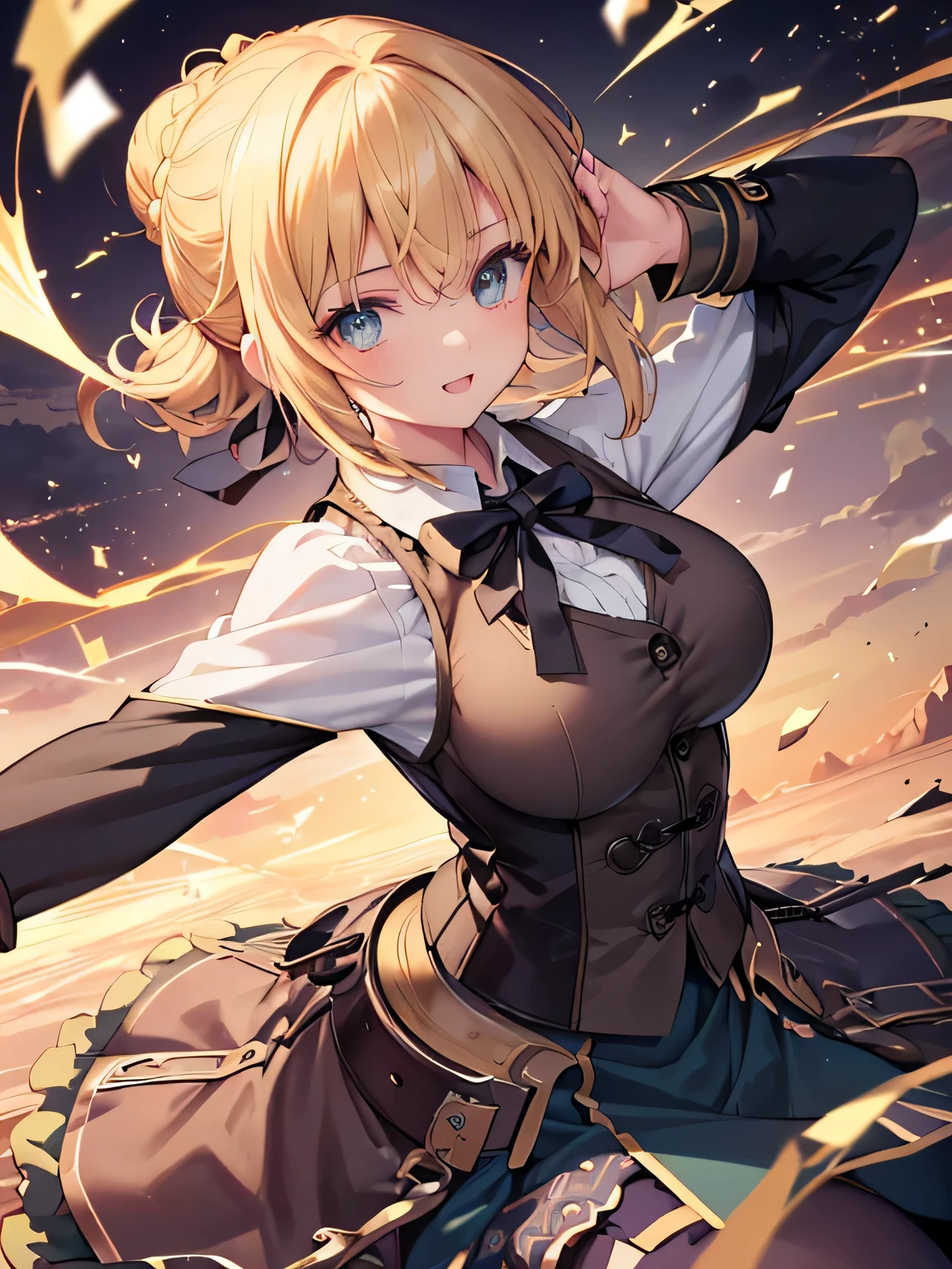 masterpiece,highest quality,(Super detailed),masterpiece,written boundary depth,perfect sentence, Detailed CG,Super detailed,(highly detailed eyes,very cute face,highly detailed face:1.3),beautiful anime girl,(solo girl:1.5),(super huge breasts:1.3),break,(happy smile),open your mouth,View viewer,break,ahoge, braid, hair ribbon, ribbon,blonde,short hair,Ahoge, Braid, bun hair, hair ribbon,green eyes,(steampunk costume,collared shirt,vest,long coat:1.3),slacks,steampunk background,Steampunk cityscape,gaslight,Are standing,(dynamic pose,dynamic angle:1.7),cowboy shot