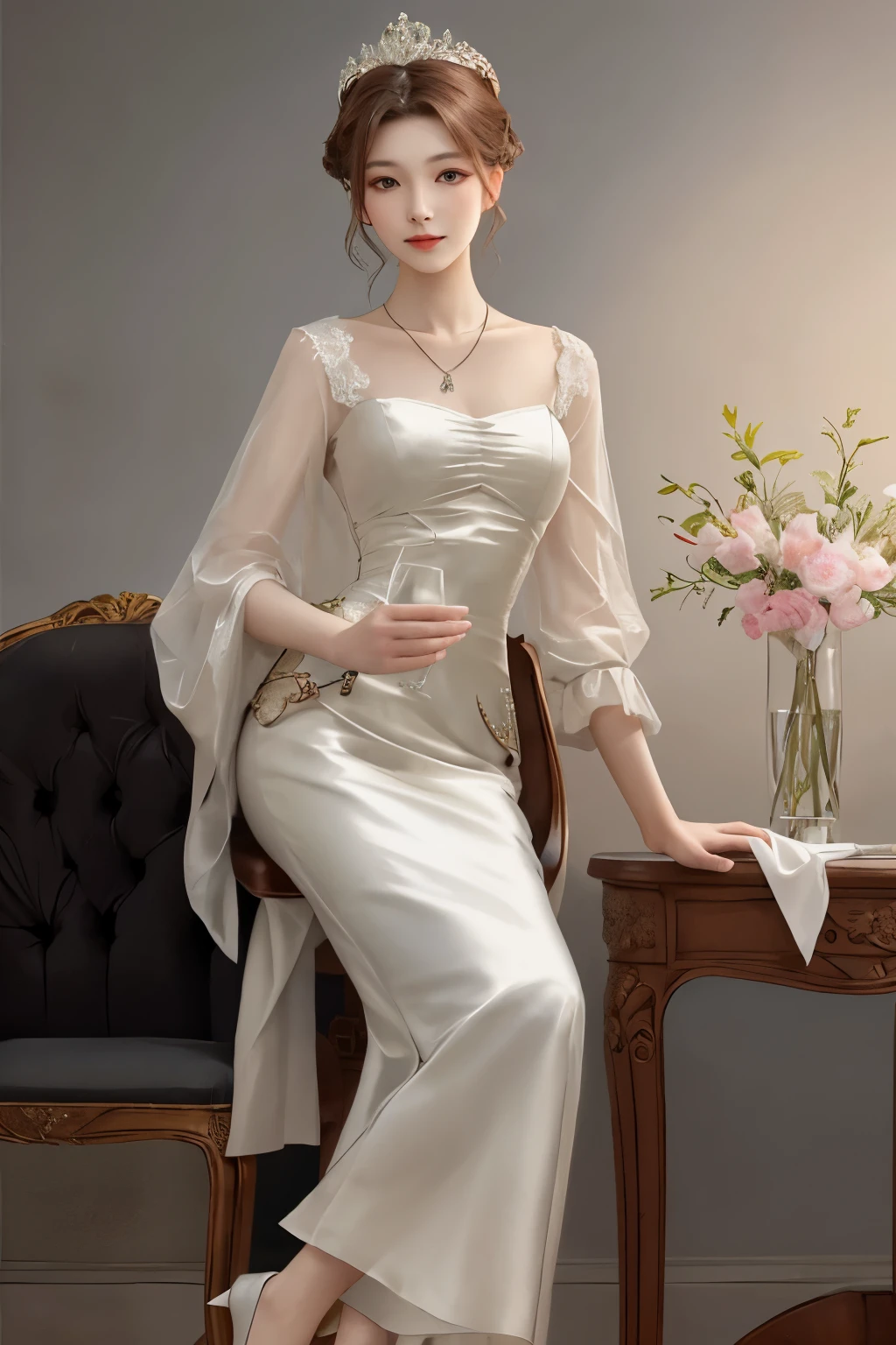 Korean beauty sitting on a chair wearing a necklace, Giovanni Boldini(Giovanni Boldini), Elegant lady, wearing silk clothes, perfect hands,
