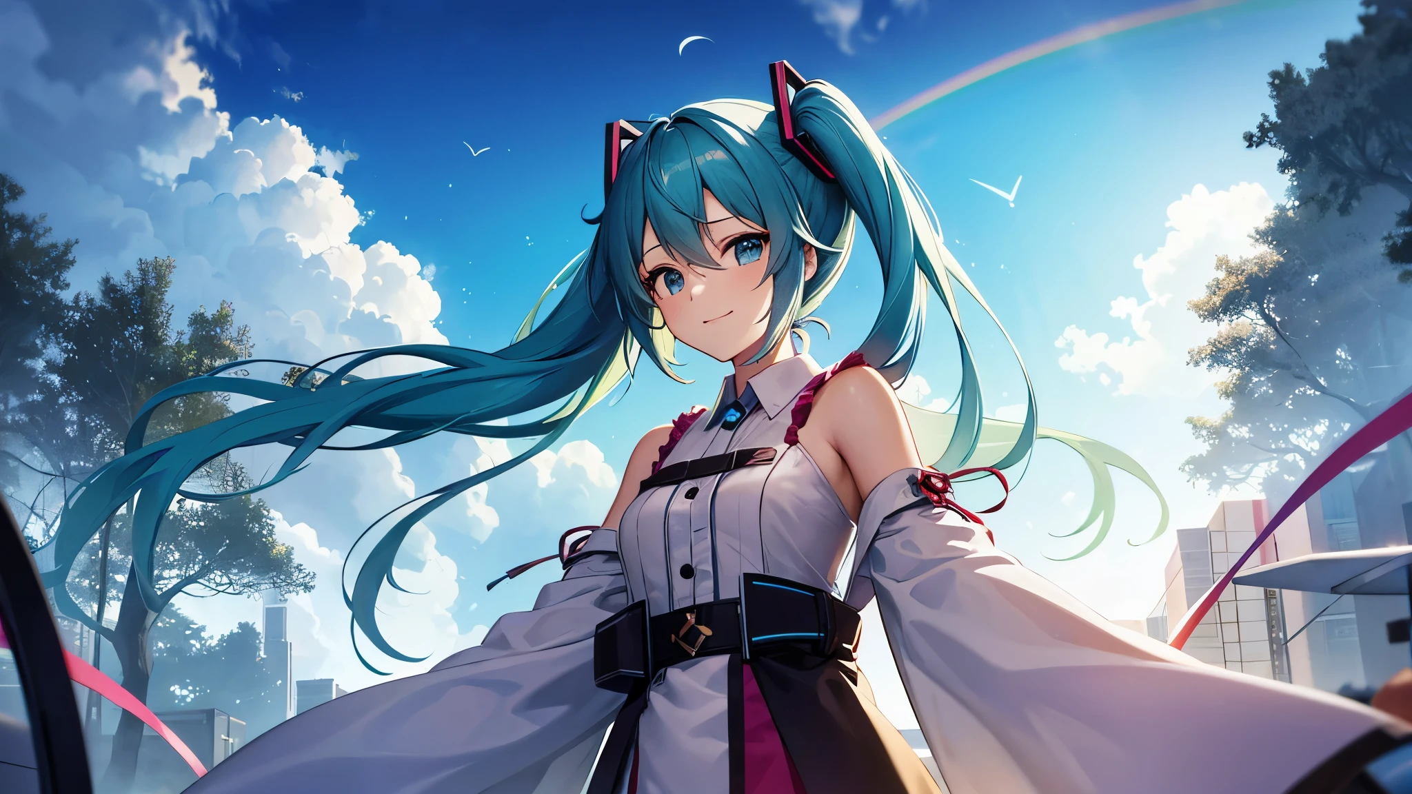 anime characters、Hatsune Miku、smile、Rainbow in the sky