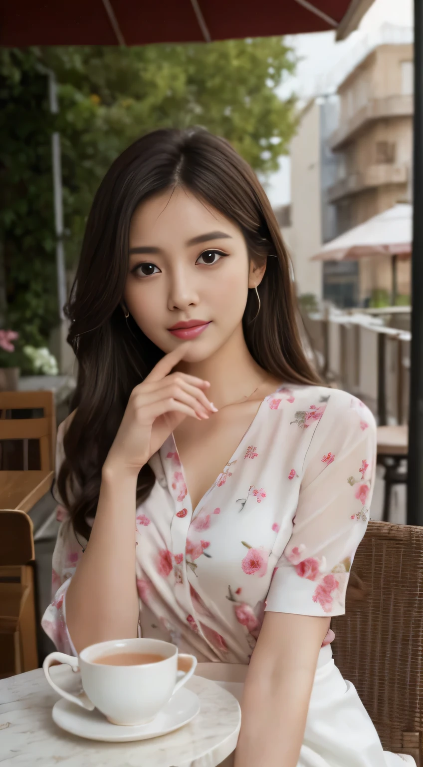 best quality, realistically, super detailed, High resolution, 8k wallpaper, 1 beautiful woman,Shiny skin、japanese girl、 Pink wet lips, floral blouse、white skirt, lock focus, perfect dynamic composition, beautiful eyes, delicate hair, Detailed realistically skin texture, smile, close up portrait, model body shape, On the open terrace of the cafe, (full body shot), He is sitting and leaning on his elbows, looking at me.、legs crossed、tea time、Cup and saucer、cake、beautiful feet、Shooting from a distance,