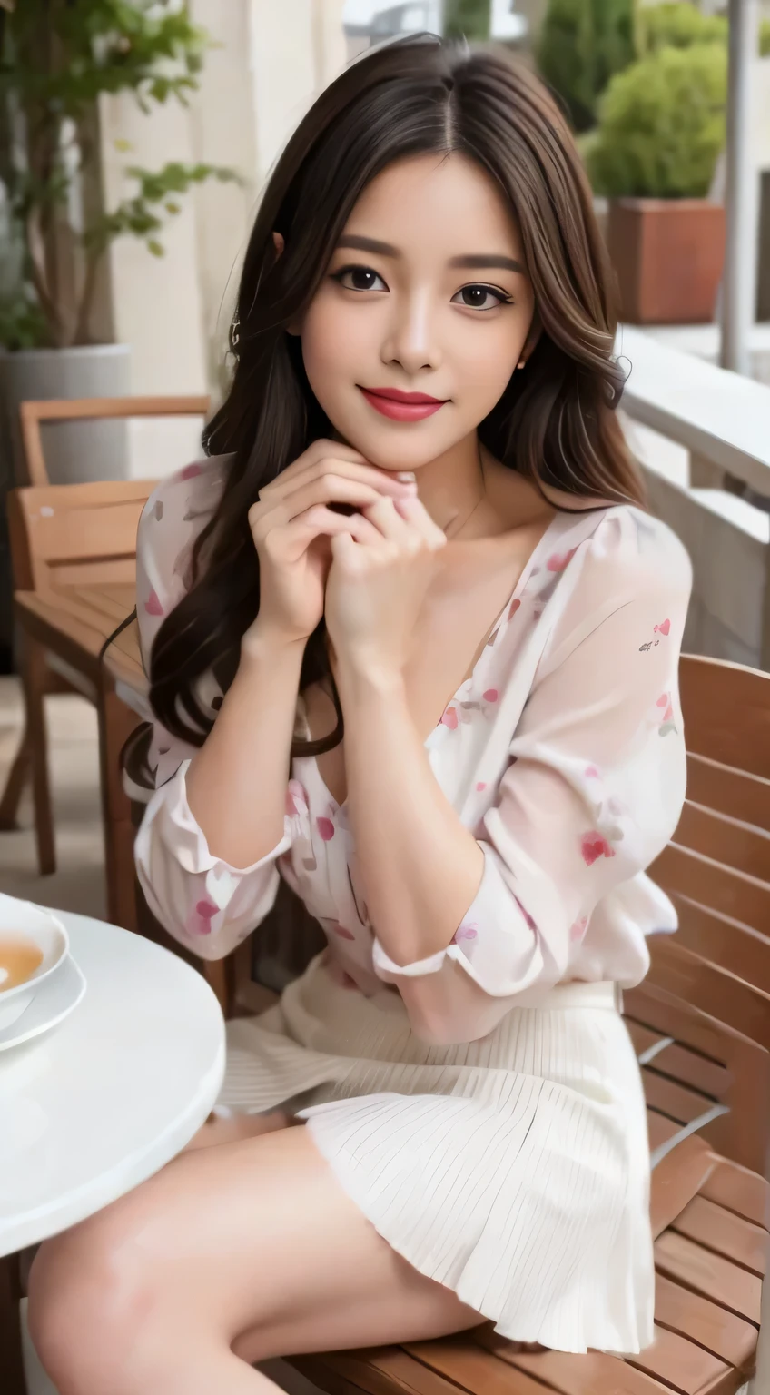 best quality, realistically, super detailed, High resolution, 8k wallpaper, 1 beautiful woman,Shiny skin、japanese girl、 Pink wet lips, floral blouse、white skirt, lock focus, perfect dynamic composition, beautiful eyes, delicate hair, Detailed realistically skin texture, smile, close up portrait, model body shape, On the open terrace of the cafe,  (full body shot), sitting、smiling happily、smile showing your beautiful teeth、legs crossed、tea time、Cup and saucer、cake、beautiful feet、Shooting from a distance,