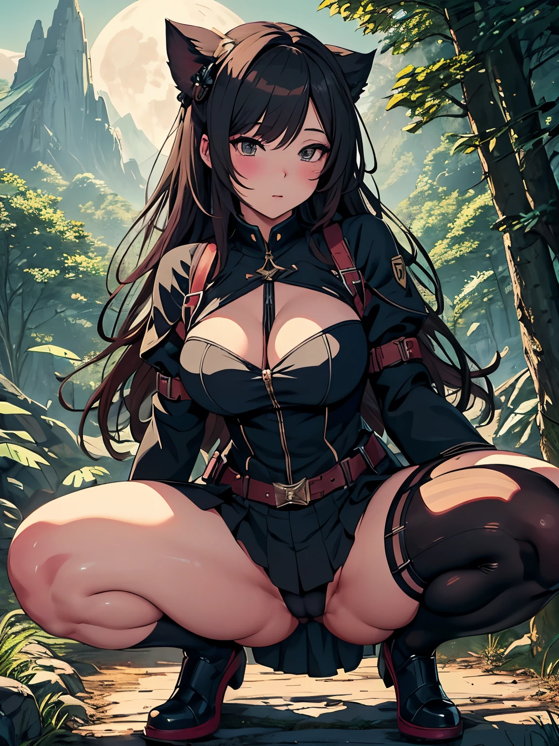 (best quality), hdr, fine details, woman frontline, thick smooth thighs, thighs close up, details, the anime woman is crouching, detailed legs, beautiful anime woman squatting, from woman frontline, knees, detailed shot legs-up, stocking fillers , large form, moonlight forest masterpiece, mountain