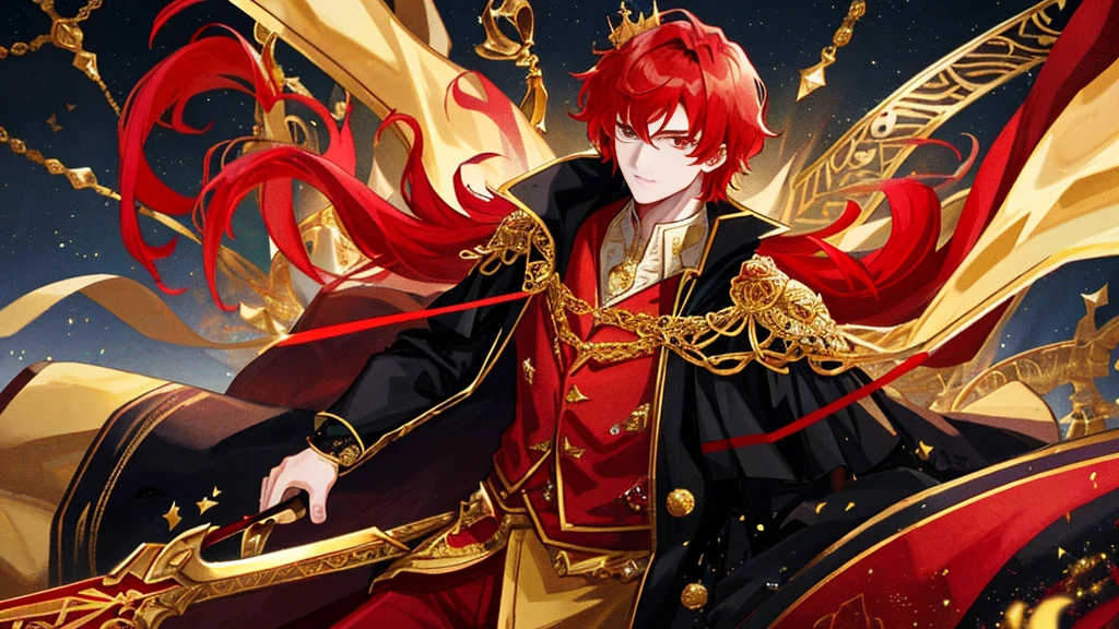 handsome boy, red hair, gold leaf crown, black royal clothes, crescent-shaped blade, night sky, 8k resolution
