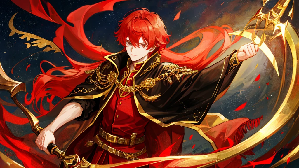 handsome boy, red hair, gold leaf crown, black royal clothes, crescent-shaped blade, night sky, 8k resolution