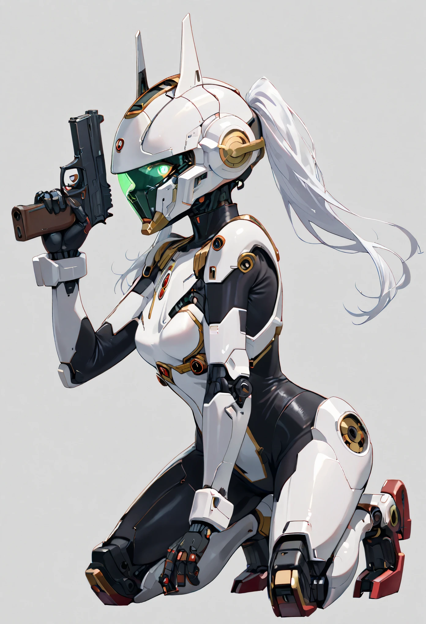 best quality, absurdres, 1girl, solo, full body, zoom layer, holding weapon, holding gun, one knee, FrierenFrieren, owoface, ((green eyes, futuristic glowing eyes, well-aligned eyes)),  detailed black pupils, twintails, white hair, extremely detailed face, ((mechanical bodysuit, cyber helmet)), (full body, fight stance), perfect gun, detailed gun, holding gun, cyborg, joints, covered body, robot feet, (cinematic lighting), (simple gray background)