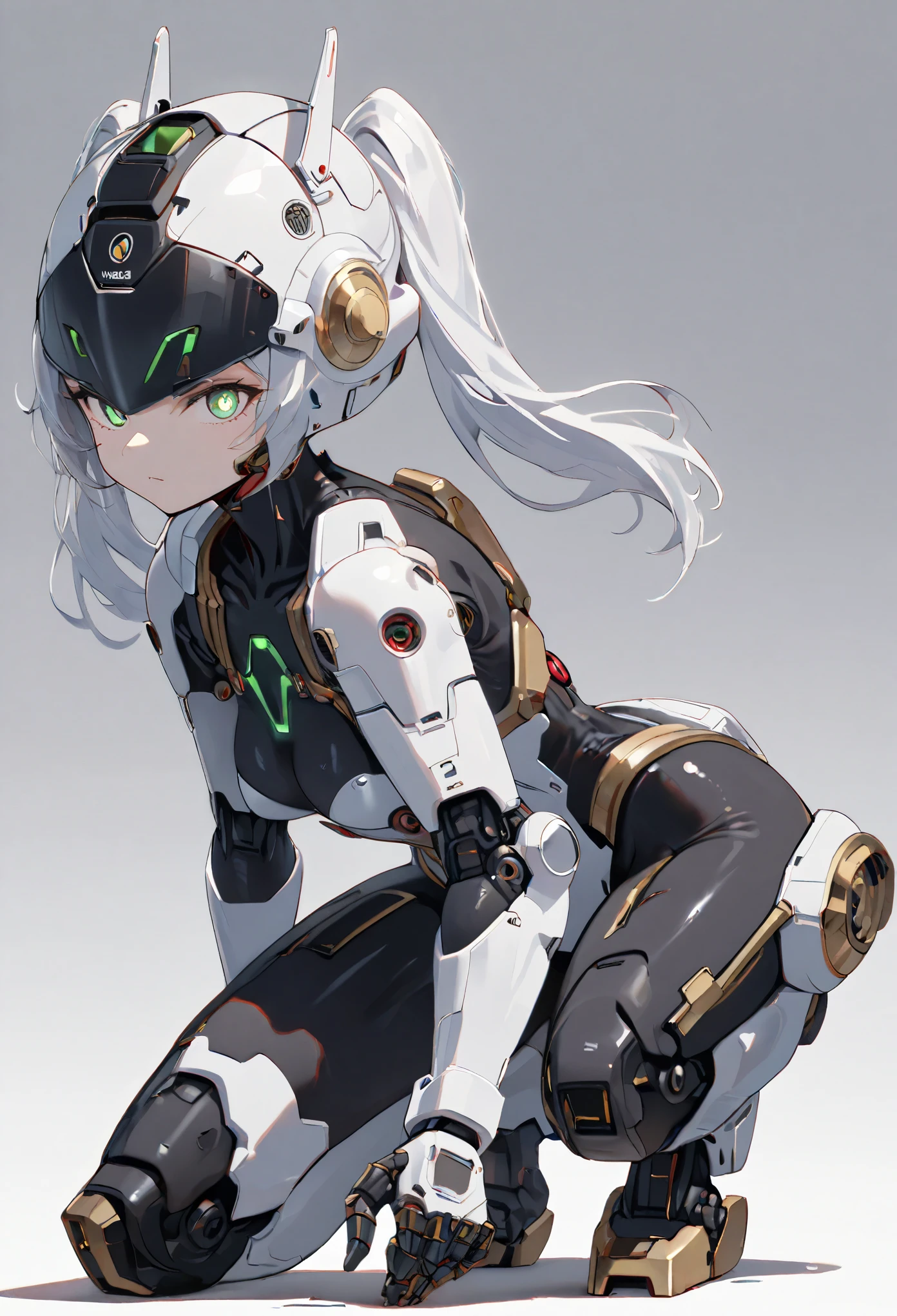 best quality, absurdres, 1girl, solo, full body, zoom layer, holding weapon, holding gun, one knee, FrierenFrieren, owoface, ((green eyes, futuristic glowing eyes, well-aligned eyes)),  detailed black pupils, twintails, white hair, extremely detailed face, ((mechanical bodysuit, cyber helmet)), (full body, fight stance), perfect gun, detailed gun, holding gun, cyborg, joints, covered body, robot feet, (cinematic lighting), (simple gray background)