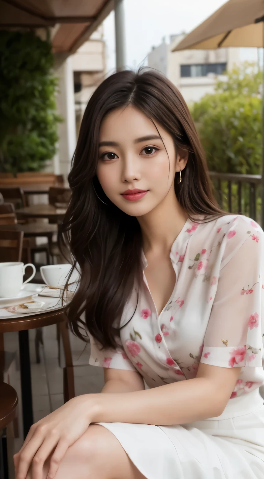 best quality, realistically, super detailed, High resolution, 8k wallpaper, 1 beautiful woman,Shiny skin、japanese girl、 Pink wet lips, floral blouse、white skirt, lock focus, perfect dynamic composition, beautiful eyes, delicate hair, Detailed realistically skin texture, smile, close up portrait, model body shape, On the open terrace of the cafe, (full body shot), He is sitting and leaning on his elbows, looking at me.、legs crossed、tea time、Cup and saucer、cake、beautiful feet、Shooting from a distance,