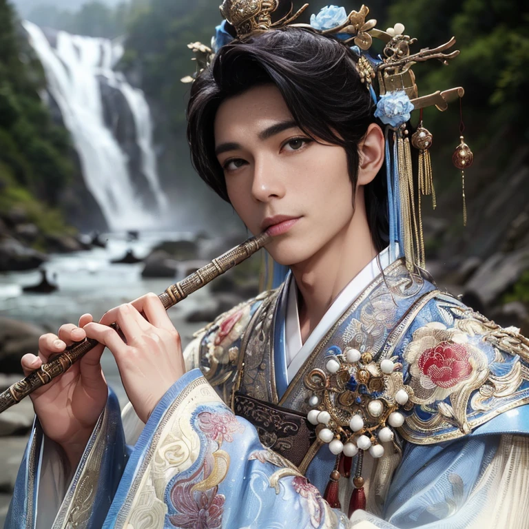 (Best Quality:1.2), (high resolution:1.2), (beautiful face and eye:1.2), (sharpest focus:1.2), (Ultra-realistic Photo:1.2), (Ultra-precise Photo:1.2), (Depth of field:1.2), (8k high resolution:1.2), (perfect anatomy:1.2), (nice hands:1.5),
(perfect hands:1.5), (Very young and masculine and dignified and beautiful Chinese male:1.5), (Beautiful nobleman:1.0), (A beautiful nobleman:1.0), (A shiny black hermit-like garment with fancy embroidery:1.0), (A gentle smile:1.3),
(Playing an iron flute:1.5), (A secluded hermit-like place deep in the mountains of China:1.0), (A mysterious fairyland:1.2), (Birds and animals gathered to listen to the sound of the flute:1.3), (Looking up angle:1.0),