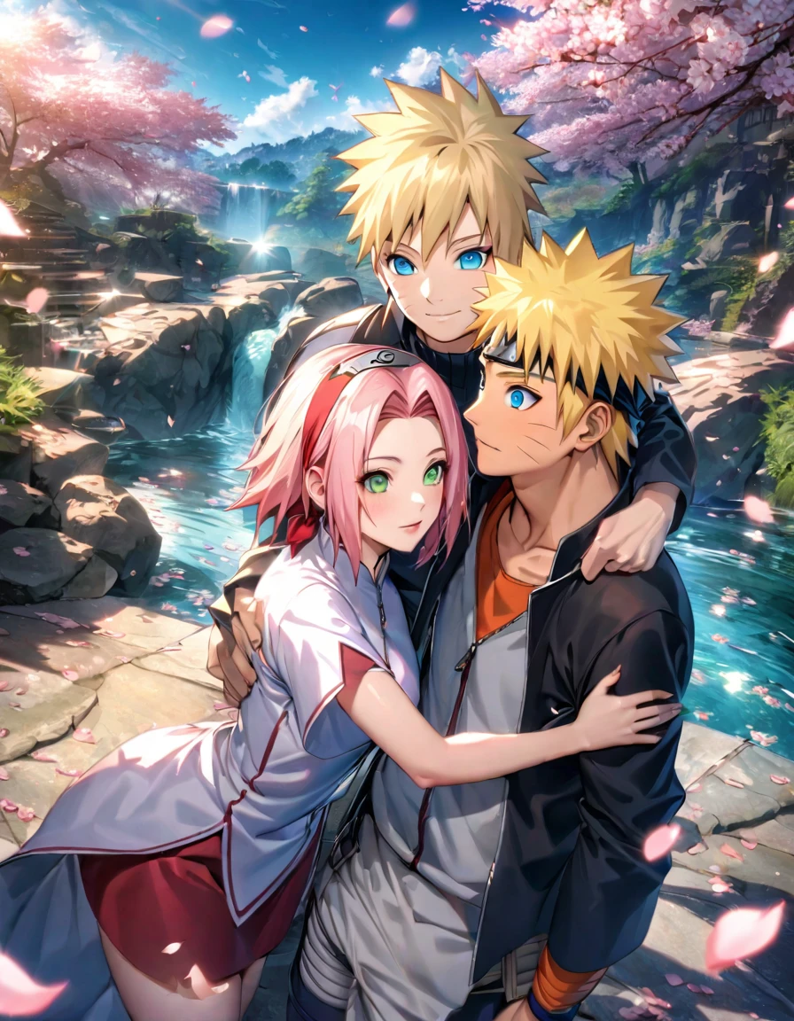 Ultra detailed, Highres, absurdres, HDR, Haruno Sakura, pink hair, green eyes, Uzumaki Naruto, blonde hair, blue eyes, Naruto Shippuden, 1 woman with 1 man together as a couple, magic cards, petals, cherry blossoms, water, handsome,