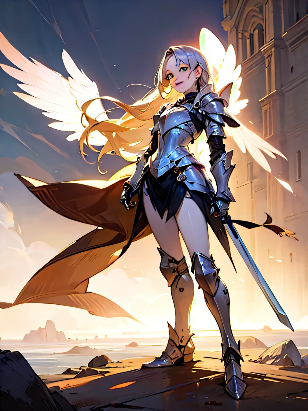 masterpiece, highest quality), 1 girl, female knight, Long blonde hair, pale skin, green eyes, symmetrical features, Thin function, Narrow features, Angelic Features, Detailed and intricately crafted armor, Light Silver Armor, , super detailed, intricate design, long sword, 8K, surreal, realistic, full body, Photography lighting, smile、beautiful teeth、full body photo、The background is a castle