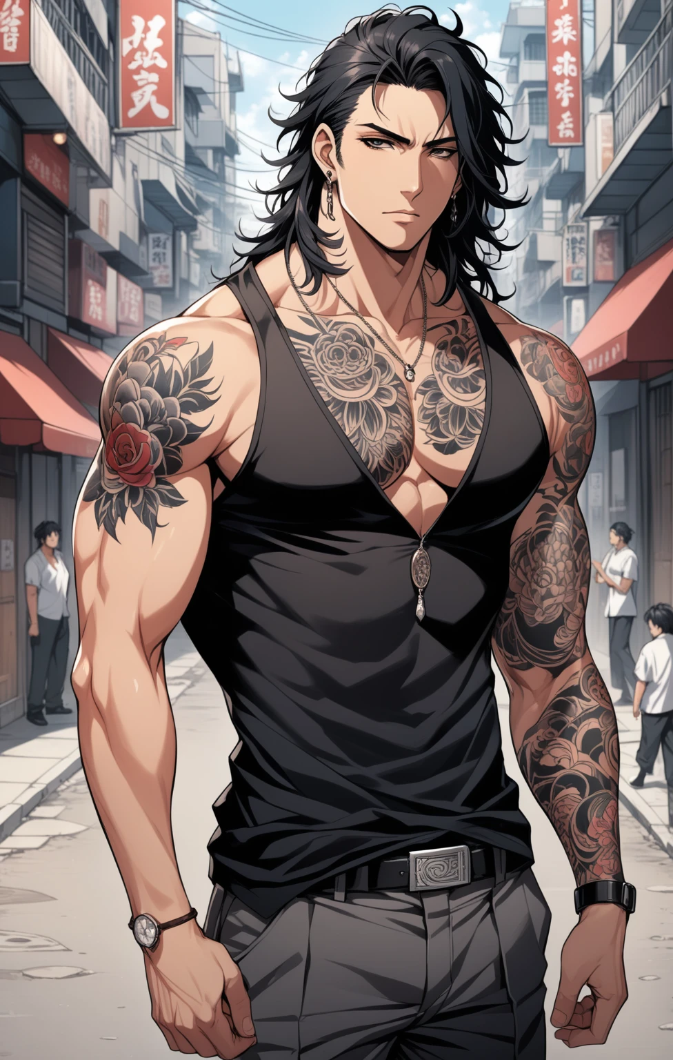 (masterpiece, best quality:1.2), (1boy), solo, 8k, black hair, long hair, messy hair, black eyes, handsome male, very detailed, broad shoulders, tall, gangster, tattoos, anime style, on the street, muscular chest