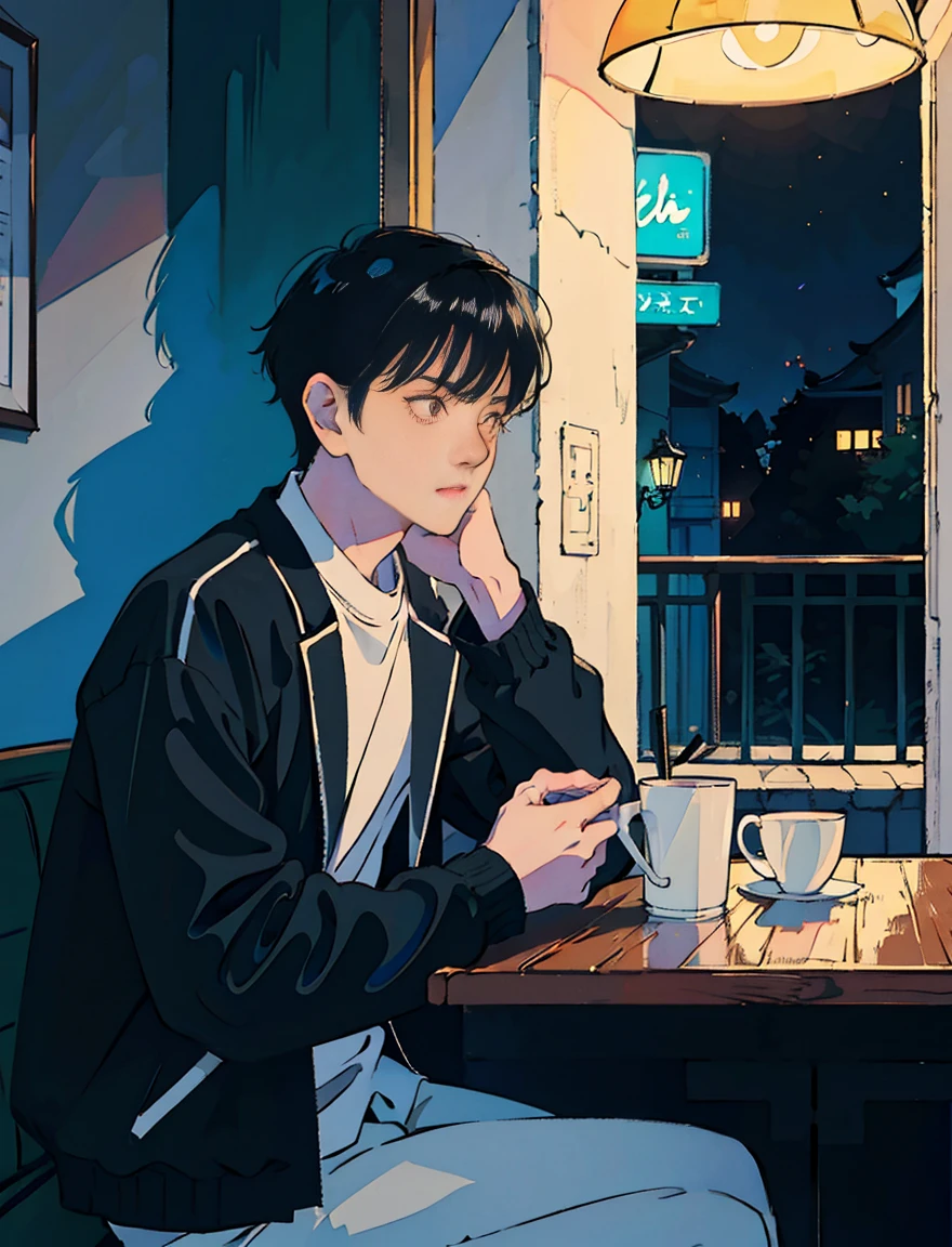 A cool and handsome Asian boy with black hair sitting in a cafe at night, visible from the window, perfect face, white shirt、black jacket, neon black, (with backlight: 1.1), hard shadow, masterpiece, highest quality, Complex, model shooting style, vintage, film grain, incomplete details、natural body、profile、A photo taken from a distance
