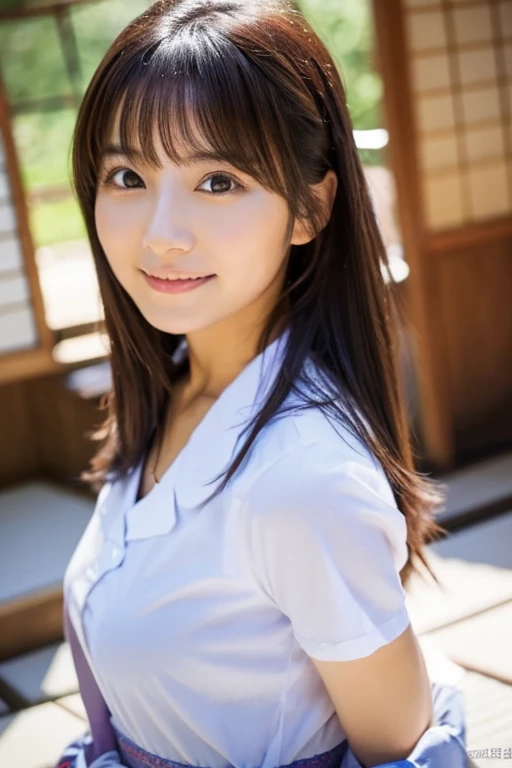 Neat and clean schoolgirl、Outside the field、(Slimed)、Photorealsitic、detaileds, Skin Texture, ultra-detailliert、Delicate and sexy collarbone、A smile、Super Detailed Face、Detailed lips、A detailed eye、large full breasts、Big breasts、large boob、Big、huge-breasted、Chest emphasis、Bright face、((is standing、Schoolgirl Uniform、White panties are visible from the skirt、Sheer white shirt、Navy blue ribbon at the collar、Dark blue pleated micro mini、slightly lift the hem of the skirt with both hands,,,,,))The shape of the pubic area is clear