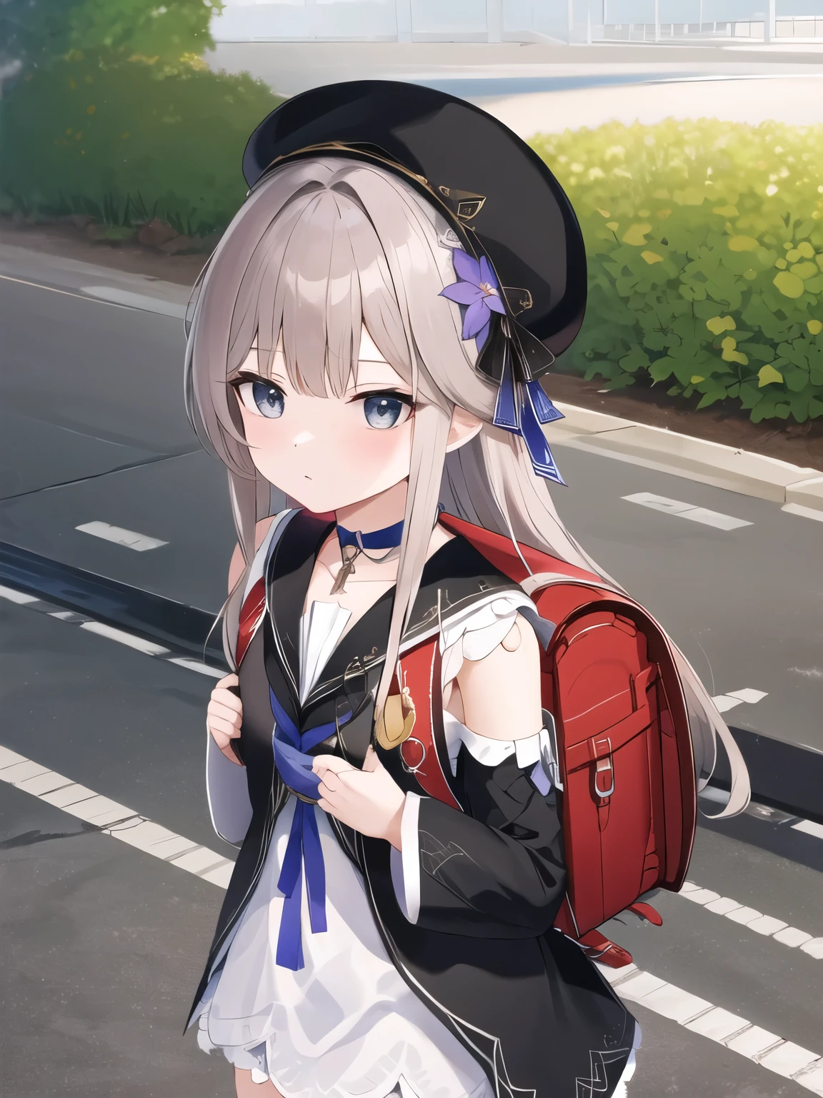 masterpiece, best quality, hd, aaherta, long hair, grey hair, hair flower, beret, black headwear, joints, choker, key, sailor collar, shoulder cutout, white dress, detached sleeves, standing, cowboy shot, outdoors, wearing school backpack, (backpack:1.1)