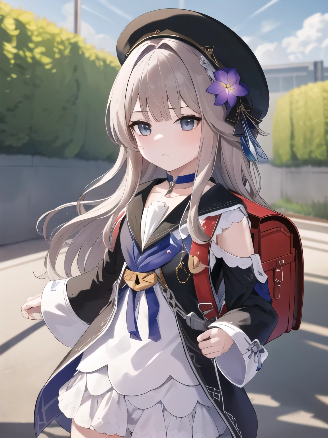 masterpiece, best quality, hd, aaherta, long hair, grey hair, hair flower, beret, black headwear, joints, choker, key, sailor collar, shoulder cutout, white dress, detached sleeves, standing, cowboy shot, outdoors, wearing school backpack, (backpack:1.1)