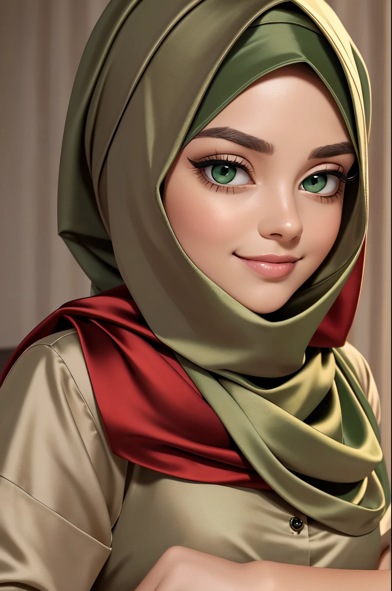 (Masterpiece, realistic, best quality, best lighting, 1 girl photo solo, beautifully makeup,green eyes, eyeshadow, Parted Lips, Detailed Eyes, beautiful big eyes, long eye lashes, smile, wearing ((Taupe red satin headscarf)), loosely tide hijab style, ((green Taupe satin shirt)), satin long pants, sleeping on a bed