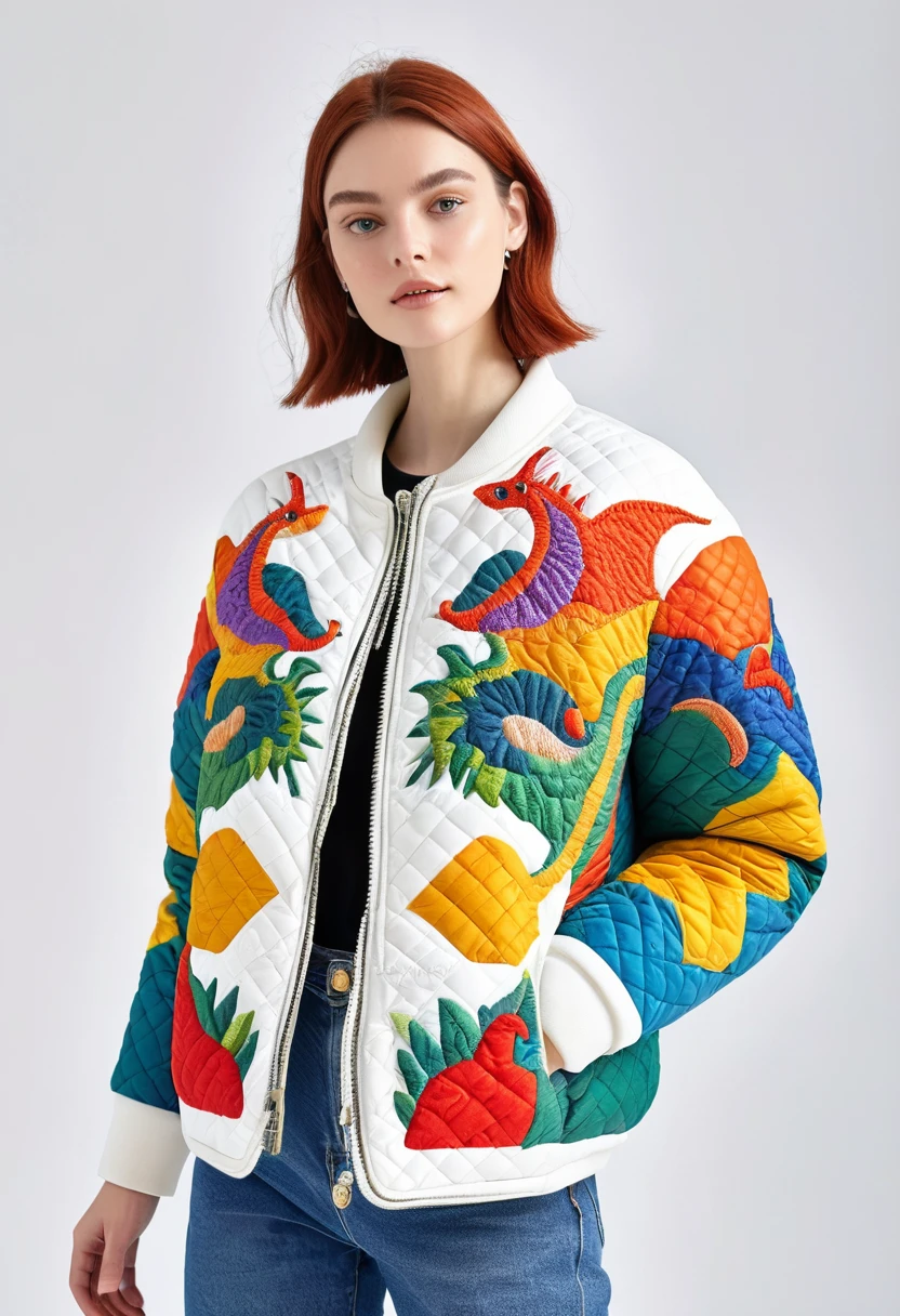 Front-view photoshoot of a naive dinosaur embroidery pattern, embroidered quilted down jacket, in the style of colorful, eye-catching compositions, thick texture, sculpted, thick volume, beautiful European model, white background --ar 11 --stylize 750