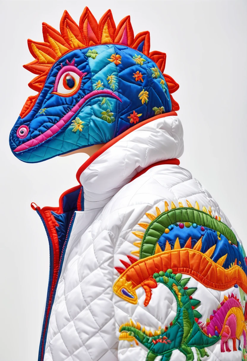 Front-view photoshoot of a naive dinosaur embroidery pattern, embroidered quilted down jacket, in the style of colorful, eye-catching compositions, thick texture, sculpted, thick volume, beautiful European model, white background --ar 11 --stylize 750