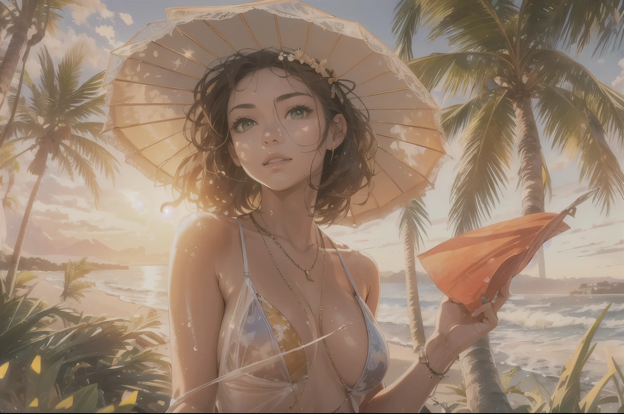 (best quality,4k,8k,highres,masterpiece:1.2),ultra-detailed,(realistic,photorealistic,photo-realistic:1.37),a girl with sunscreen on her face, sparkling sea, sunset,drawn with oil paints, surrealistic style, vibrant colors,soft lighting, beach scene, palm trees, gentle breeze, the girl's skin glowing with golden reflections,mirrored sunglasses, beach towel, sun umbrella