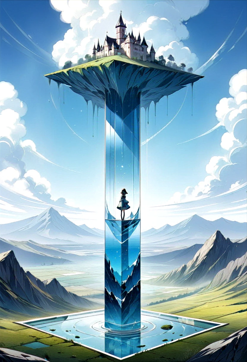A girl stands on a glass tower in a surreal landscape